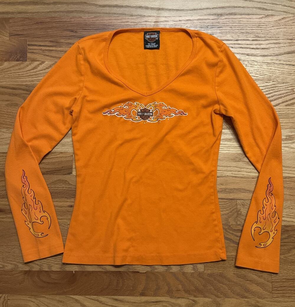 2006 Harley Davidson Flames Women’s Long Sleeve Top Flames Biker Pikes Peak LG